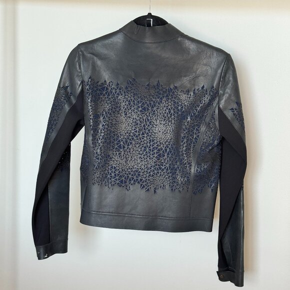 Elie Tahari Navy Leather Jacket with Laser-Cut Detail - Picture 3 of 3
